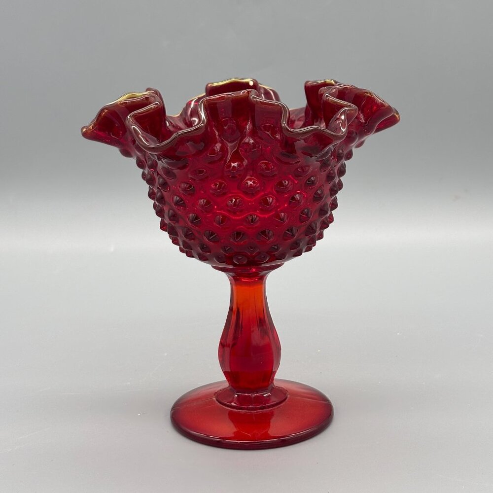 Vintage Ruby Red Fenton Hobnail Compote Pedestal Bowl Ruffled Trim | UV Cadmium